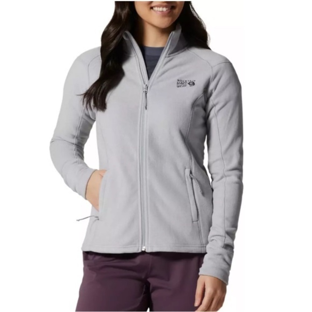 Mountain Hardwear size S grey & white fleece zip front 2 pocket cinch hem jacket